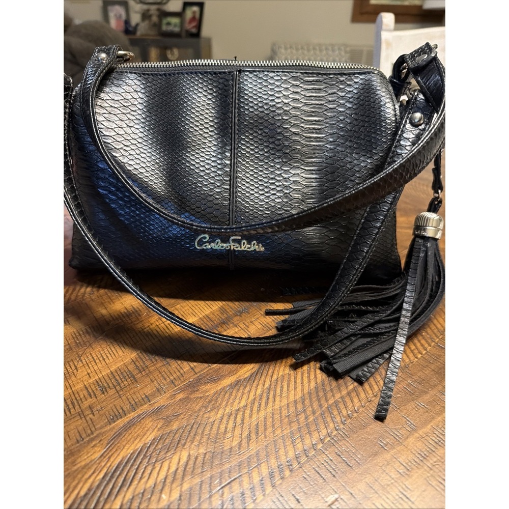 Vintage Carlos Falchi Black Faux Snakeskin Textured‎ Handbag Purse Y2K